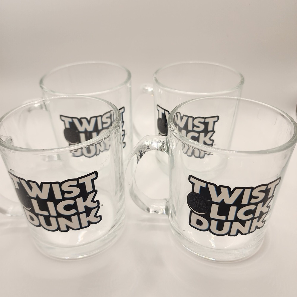 Oreo Twist Lick Dunk Glass Coffee Mugs‎ Set of 4 Clear Drinking Cups Collectible